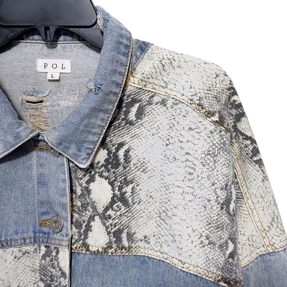 POL Snakeskin Patch Button Up Dustressed Denim Jean Jacket Women's Size Large L - Picture 8 of 15